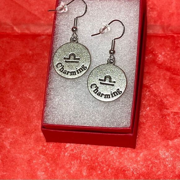 LIBRA IRON & SILVER DOUBLE SIDED ZODIAC DROP EARRINGS - Picture 3 of 5